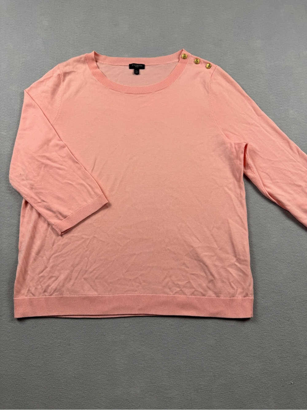 Talbots Women's Pink 3/4 Sleeve XLP Cotton Blend Knit Sweater Top Gold Buttons
